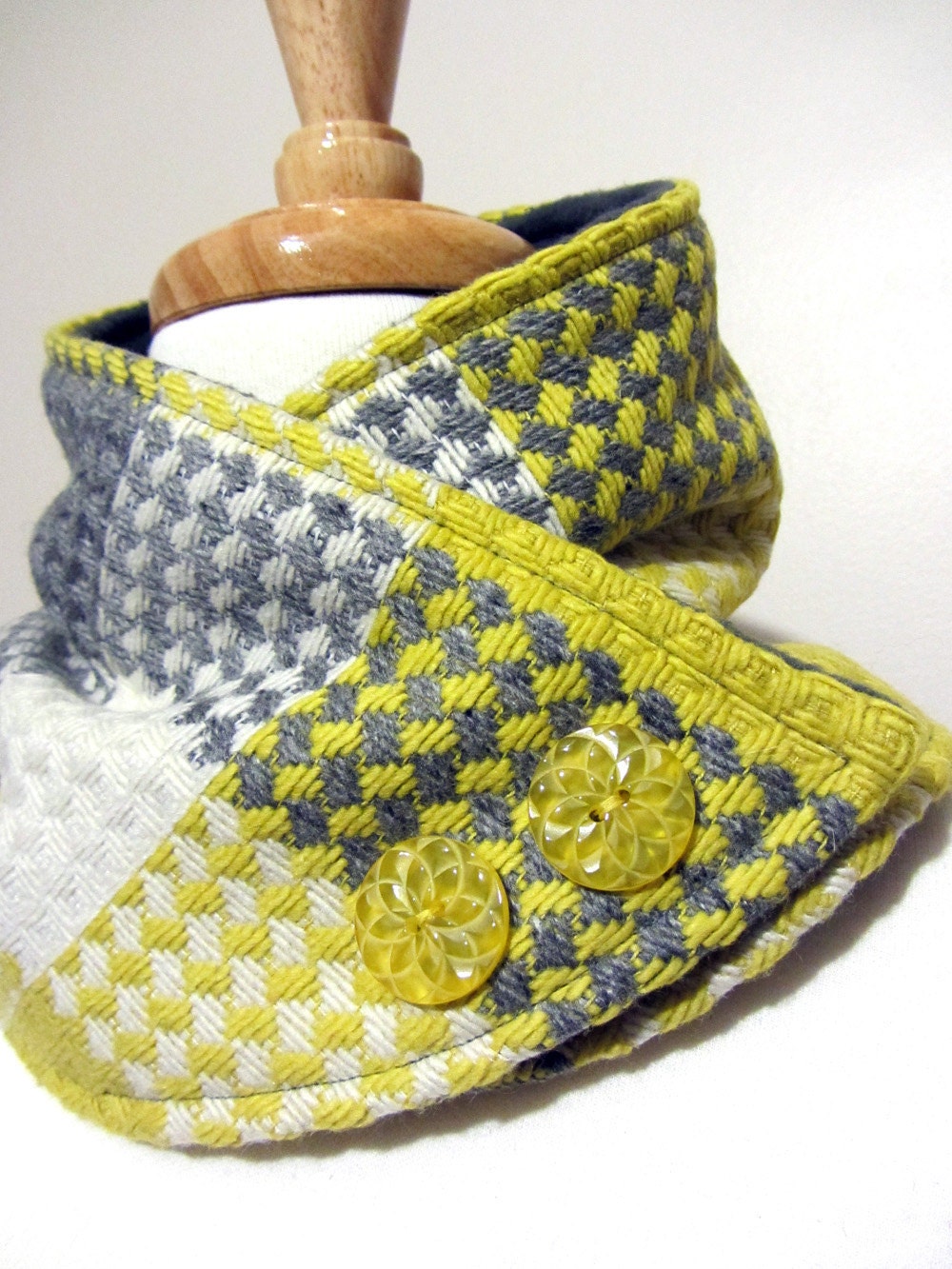 Neck Warmer Scarf in Geometric Yellow Gray and White with  Yellow Buttons