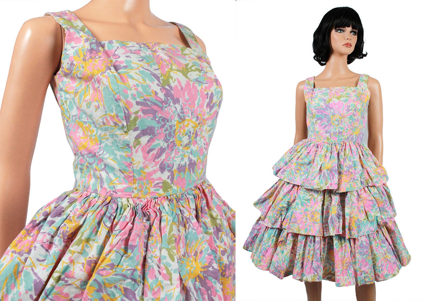 50s Prom Dress XS Vintage Sleeveless Floral Cotton Tiered Party Gown Pink White Designer Guildford Size Extra Small Free US Shipping