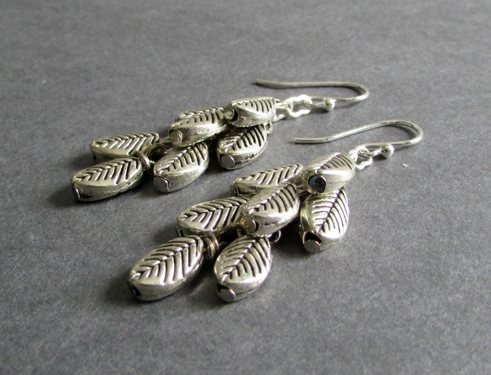 Silver Leaf Earrings / Drop Earrings / Cascading Silver Leaf Earrings with Polished and Oxidized Silver - Descend