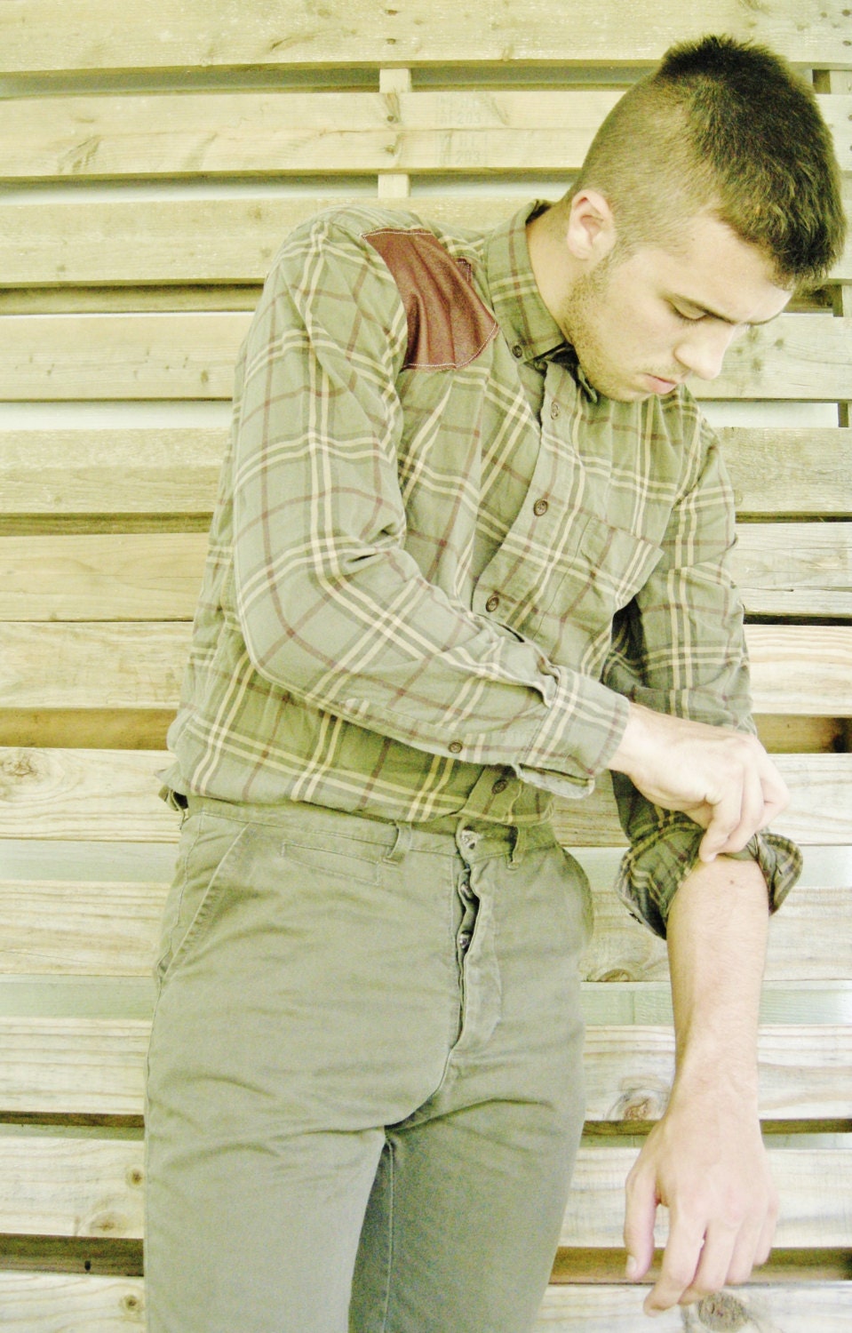 Men's Button up with Leather Shoulder Patch Urban Shoulder Patch Shirt for Men from the Paul McCall Line
