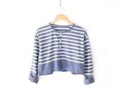 Vintage 80s Striped Crop Top - Blue and White Cropped Henley Shirt - M