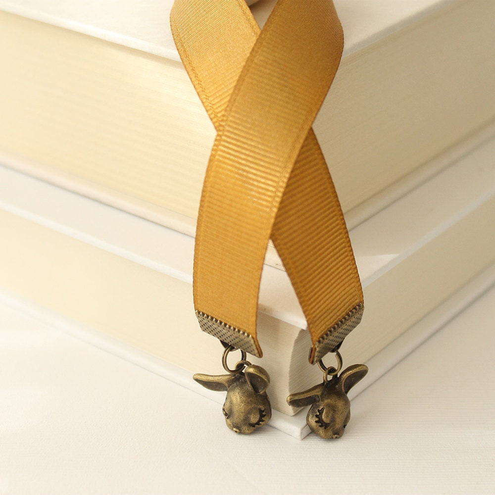 Ribbon Bookmark - Shy Bunnies, Antique Gold Ribbon