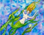 Mermaid Watercolor Painting ORIGINAL  Art goddess of the sea ocean woman coastal fantasy