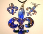 Necklace An Earrings Fleur De Lis Glass Lampwork French Statement Colbalt Royal Blue with Copper Swirls Sparkle Swirls