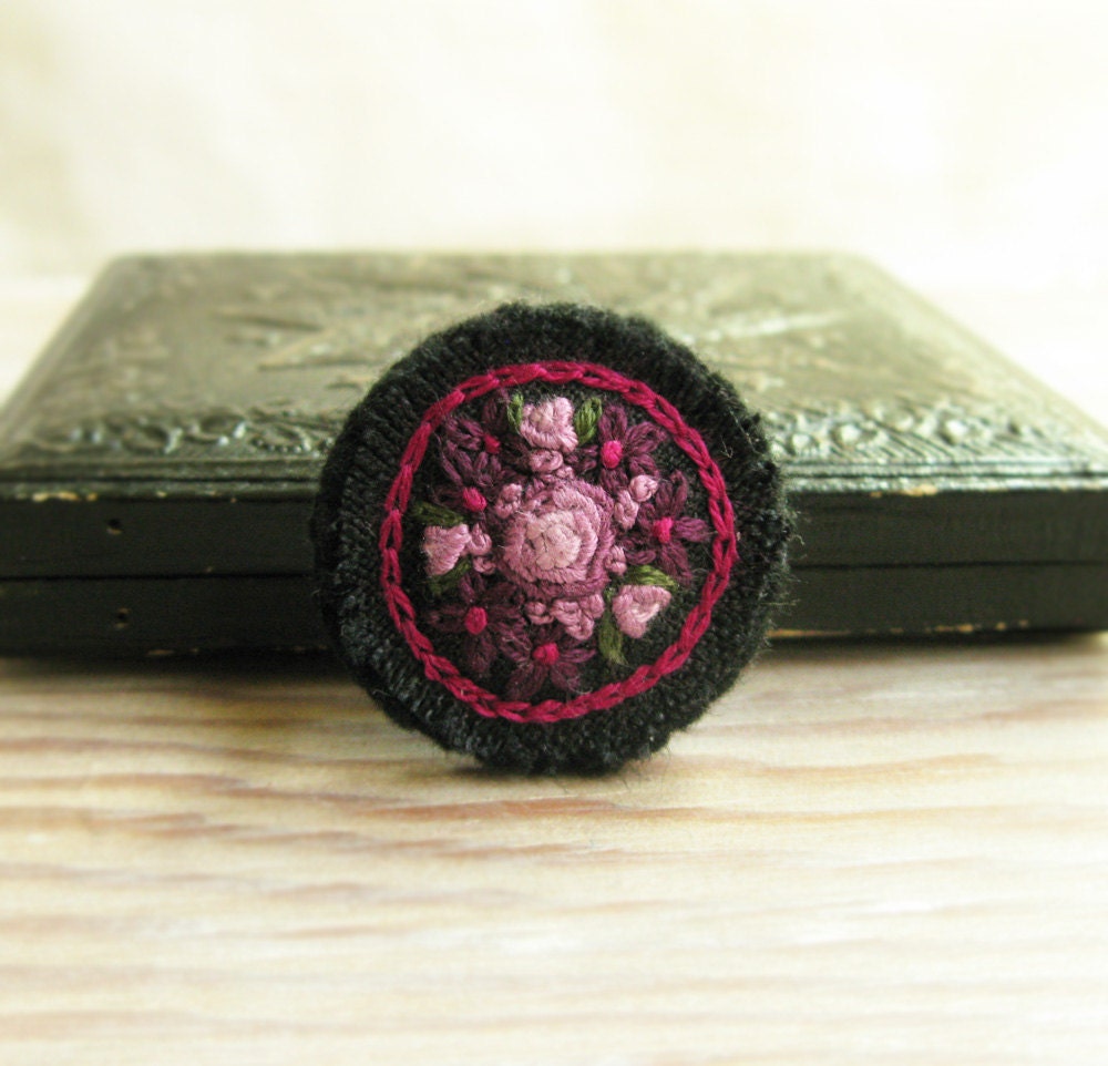 Purple Bouquet Brooch Embroidered on Black