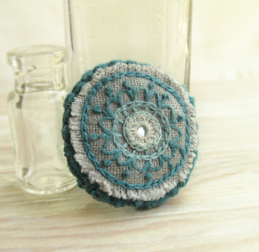Mehndi Brooch in Teal Shades Embroidered on Grey Linen