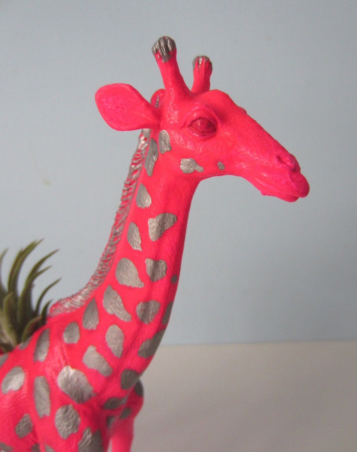 Upcycled Toy Planter - Neon Pink Giraffe with Silver Spots and Air Plant