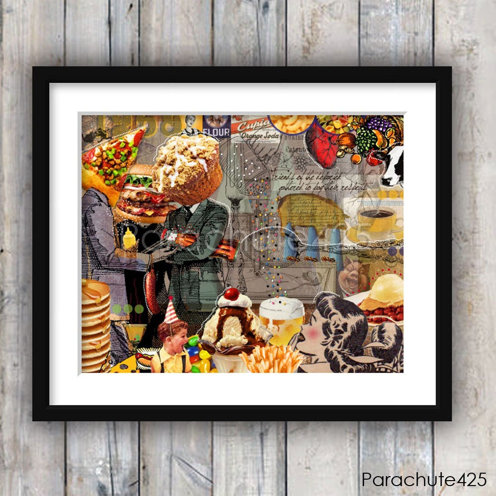 Friends Of The Departed, digital art collage, 14x11 print, surreal, humor, food and funerals