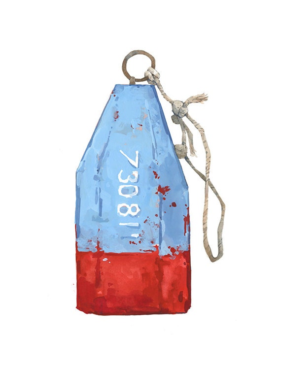 Lobster Buoy Painting - blue and red nautical print