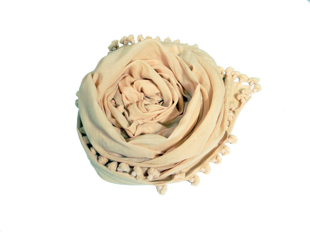 PomPom Tassel Scarf Dupatta - Hand- dyed Cotton - Vanilla - Naturally Dyed