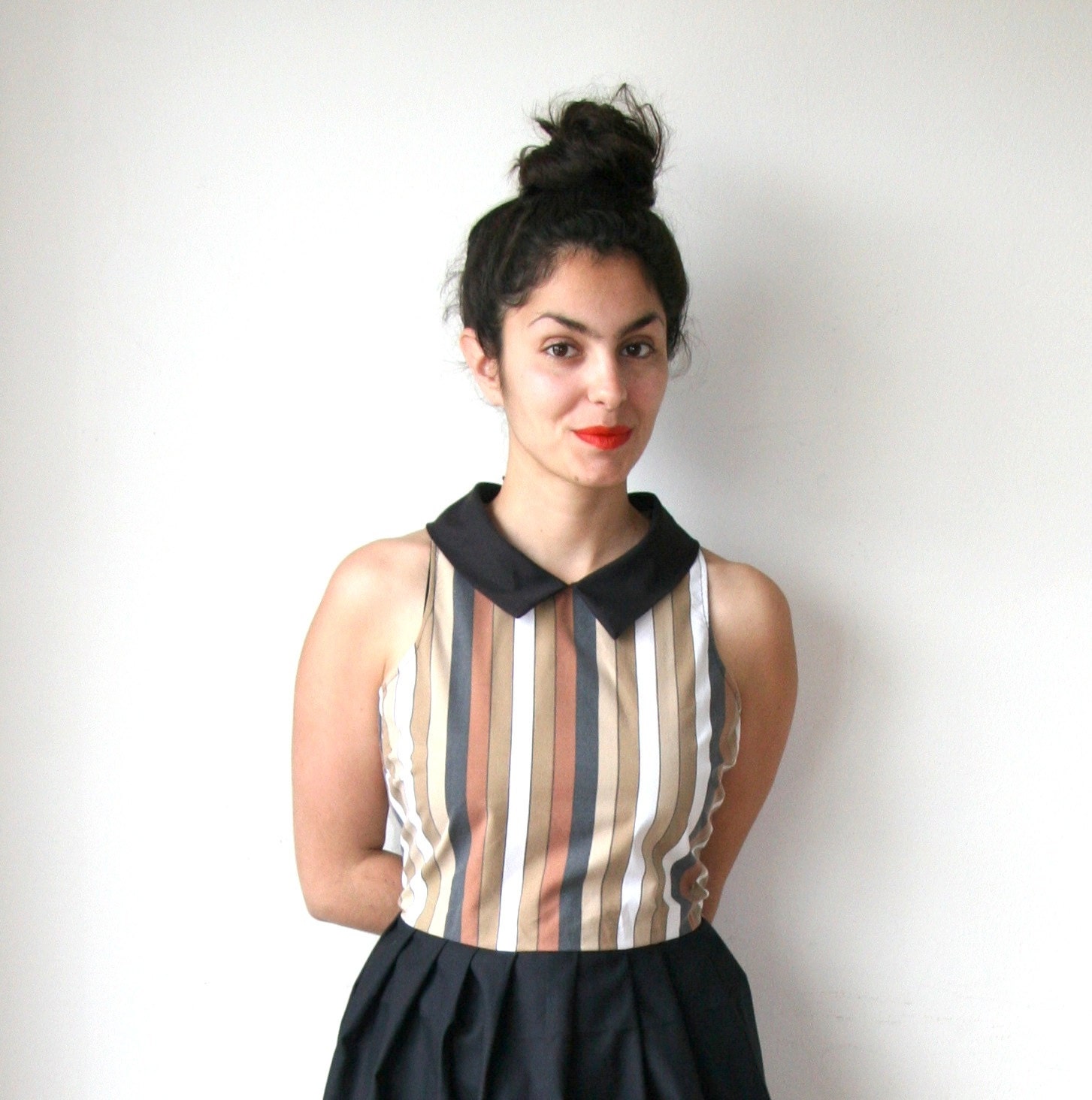 Black and Brown Striped Mini Dress With Black Collar Sz XS S M L