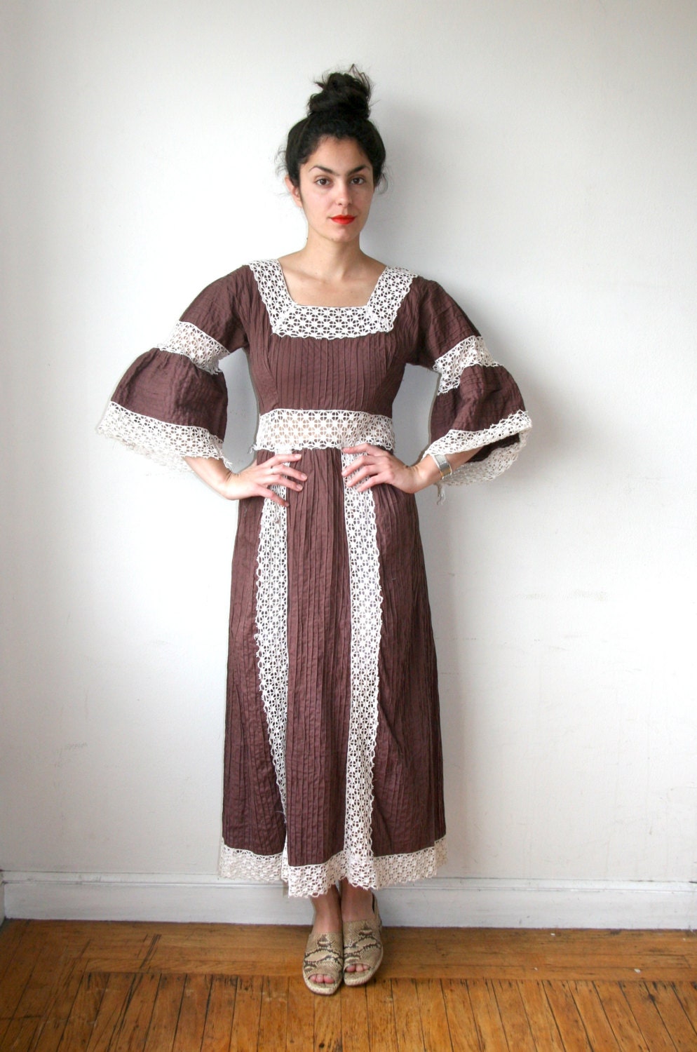 60s Brown Crochet Lace Maxi Dress with Bell Sleeves Sz S / M