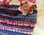 Beautiful Rag Bag --- Purple blue pink --- Fabric Crocheted Purse --- with a large handmade fabric flower