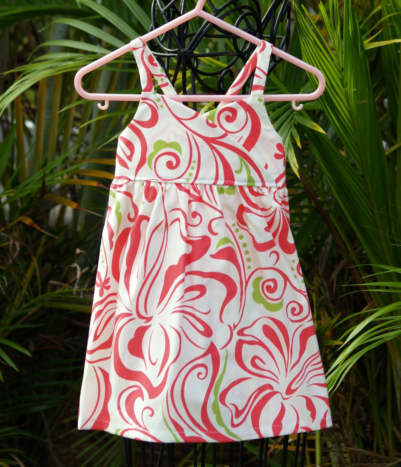 Girls Hawaiian Dress Crossfront Coral Lime Hibiscus 6m - 10