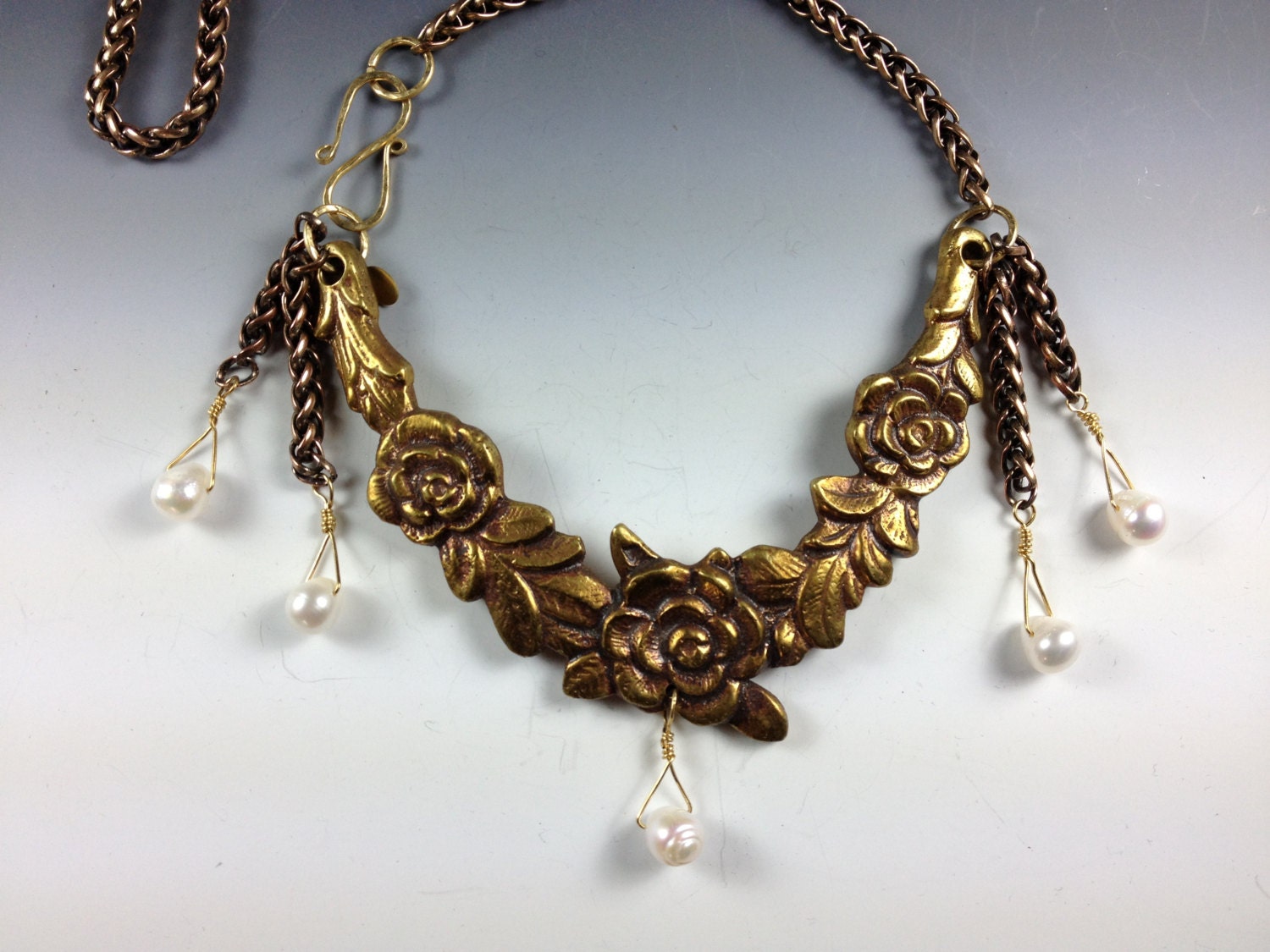 Vintage, Industrial, Hardware, Steampunk Brass Focal Necklace with Bronze Chain, White Freshwater Pearls and Brass Clasp-2143ND