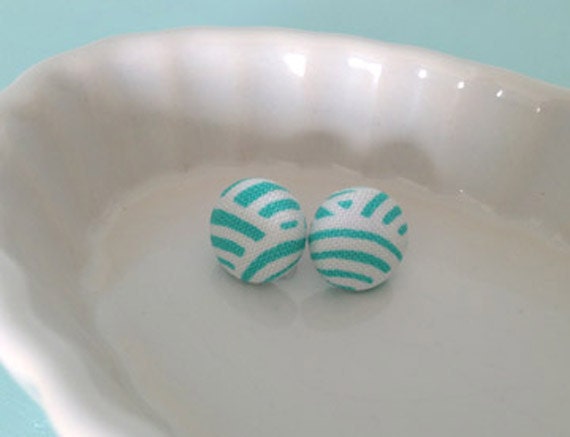 fabric covered button earrings in aqua and white
