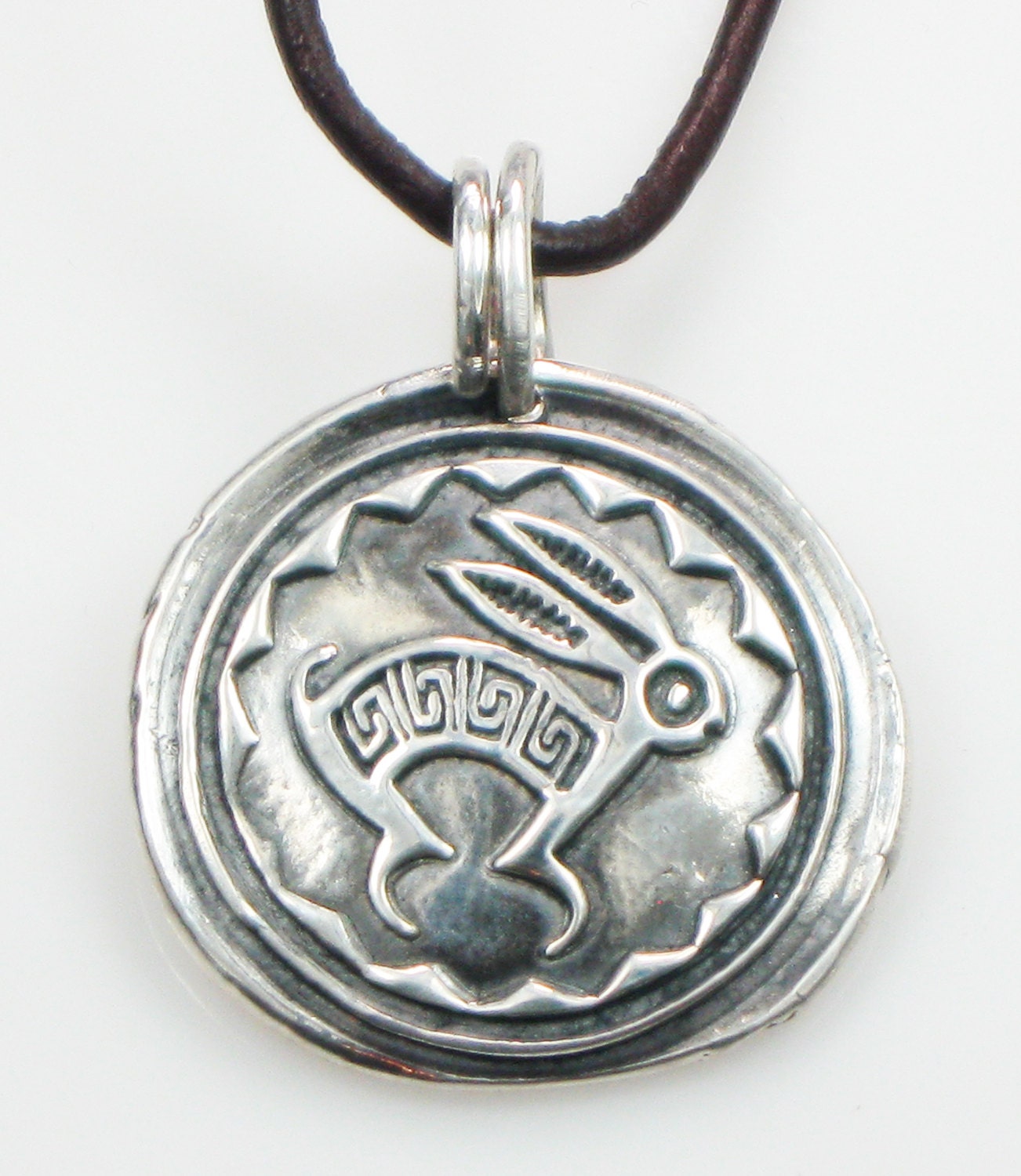 Ancient Native American Rabbit Design Pendant - Fine Silver Pendant with Round Leather Cord Necklace and Sterling Silver Clasp