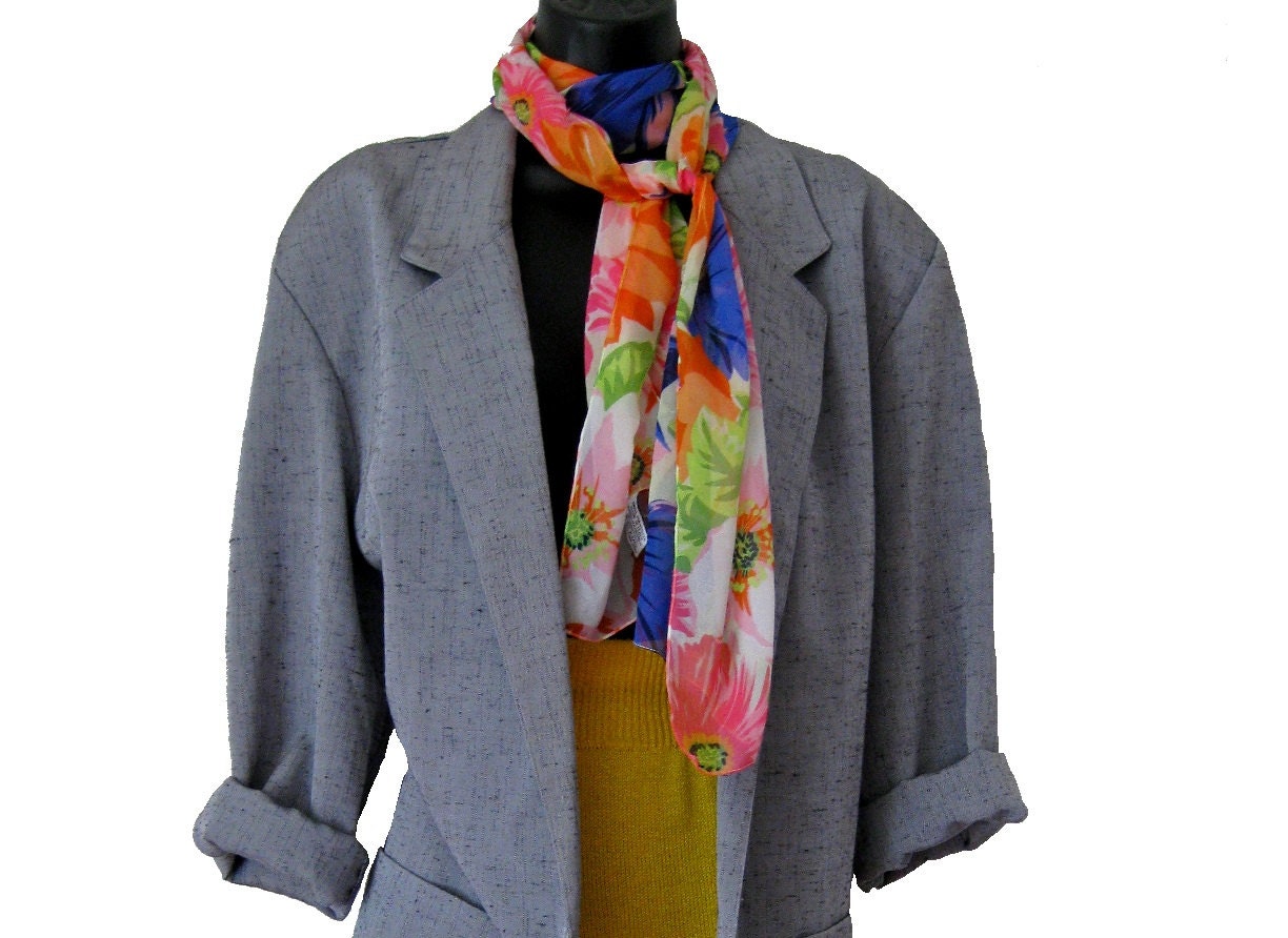 DVF Scarf, Diane von Furstenberg 1960s Floral Chiffon Colorful Scarf