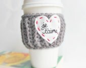 Travel Mug Cup Cozy coffee tea love heart french Paris red white gray crochet cover Valentines Day
