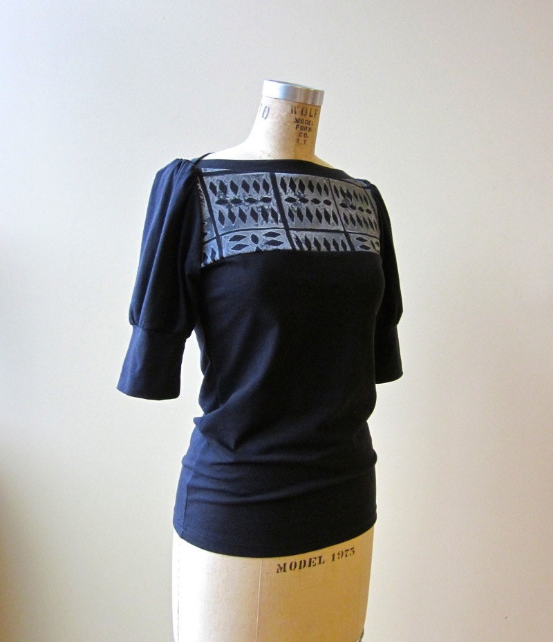 Women's Top Black Cotton Jersey with Diamond Print, puff sleeves, modern style- made to order