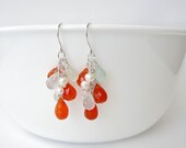 Orange and Aqua Gemstone Drop Earrings in Sterling Silver, Carnelian, Aqua Chalcedony, Freshwater Pearls