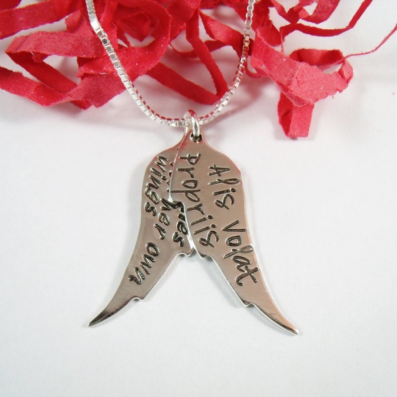 SALE -She Flies With Her Own Wings Necklace - Alis Volat Propriis - Sterling Silver Wing Charm Stamped Necklace