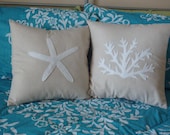Pillow Cover White Coral on Natural Cotton Linen like Decorative Beach Throw Pillow COVER
