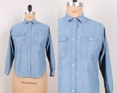 90s Chambray Shirt - Womens S / M / L - Pale Denim Snap Up Blouse Western 1990s Lisport Long Sleeves