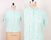 50s / 60s Blouse - Womens XL - Green & White Gingham / Eyelet Lace Short Sleeve 1950s 1960s Cotton Button Up Short Sleeve Shirt Top Check