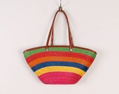 Vintage Rainbow Striped Straw Bag / 1960s / 1970s Woven Jute Beach Tote Summer Stripes Carryall Bag Green Red Blue Yellow Pink Orange Vegan