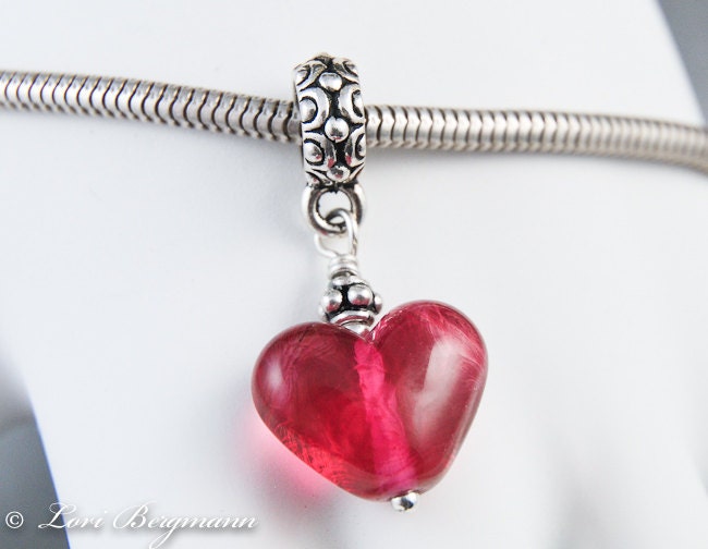 Heart Euro Bracelet Charm Bead Dangle, Handmade Lampwork, Dark Pink, Silver Large Hole