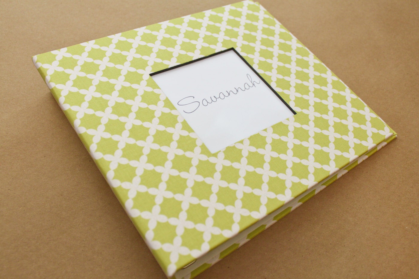 Baby  Book - Lime and White Trellis  (78 designed journaling pages & personalization included with every album)