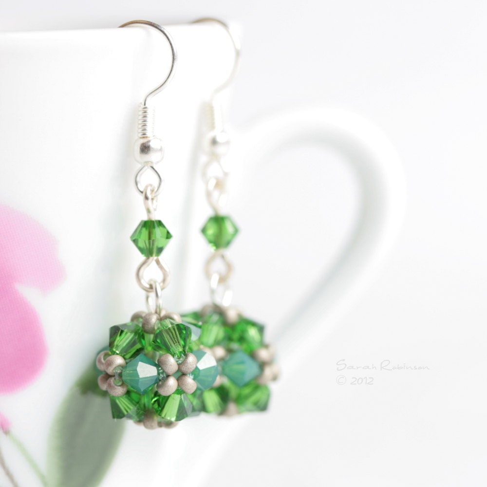 Fern Green Swarovski Ball Beaded Dangle Earrings