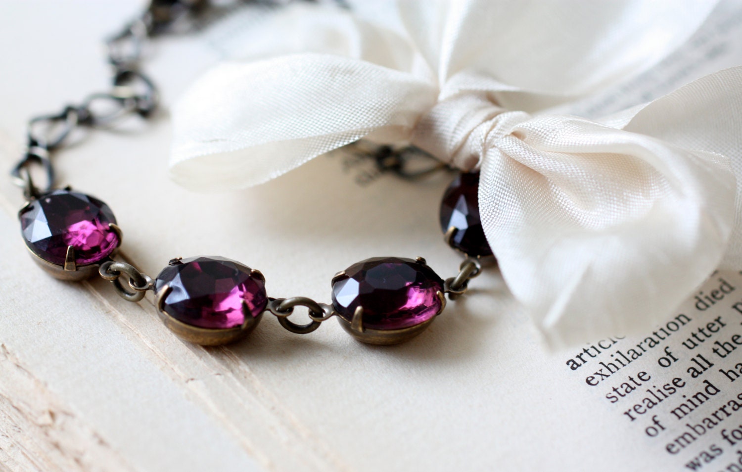 Amethyst Bracelet with Ivory Ribbon. Vintage Purple Jewel Bracelet with Bow. Bridesmaid Gift. The Duchess Amethyst