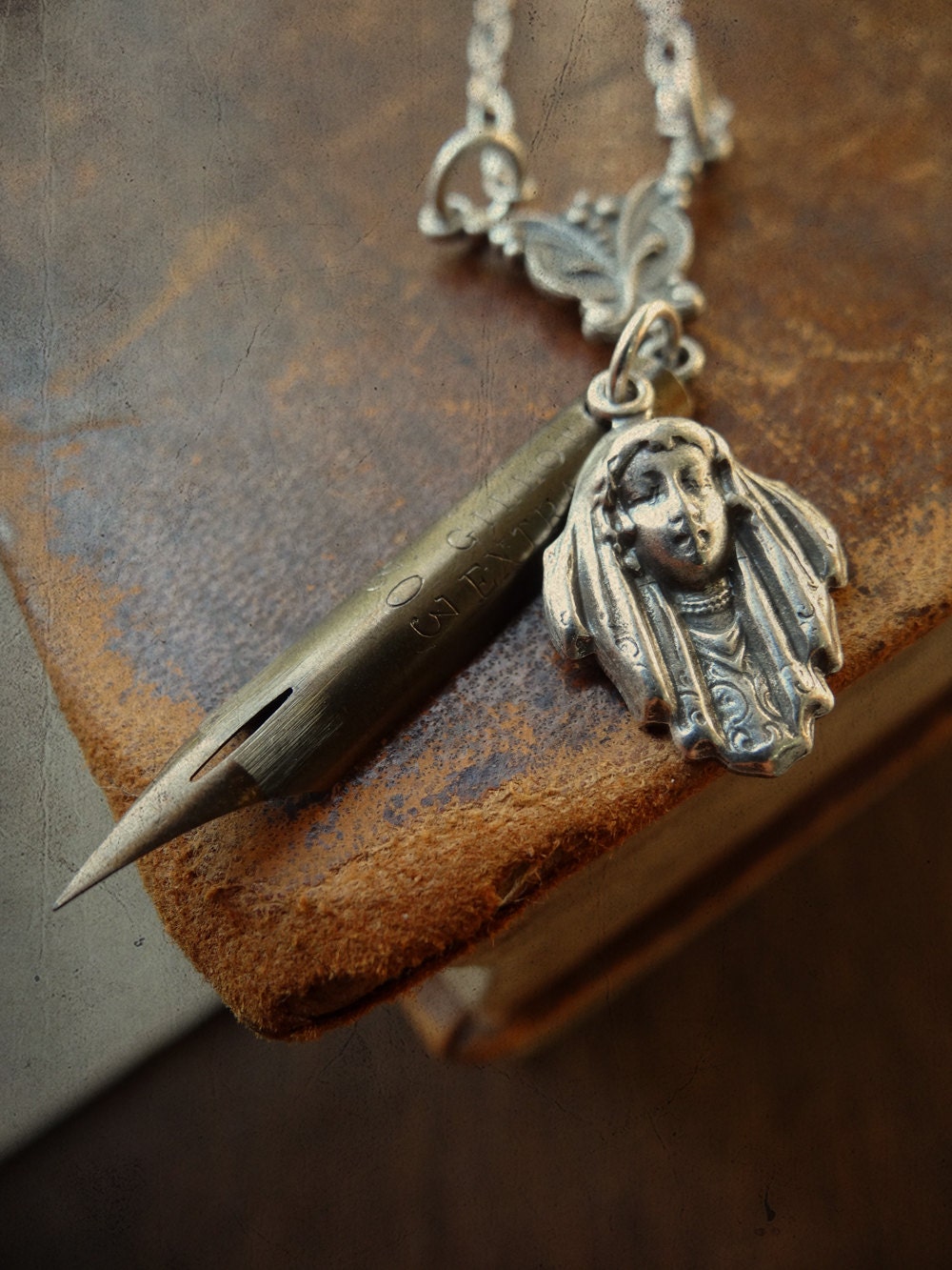 Art Nouveau Antique Brass Pen Nib and Silver Goddess Necklace - Darling Lavinia