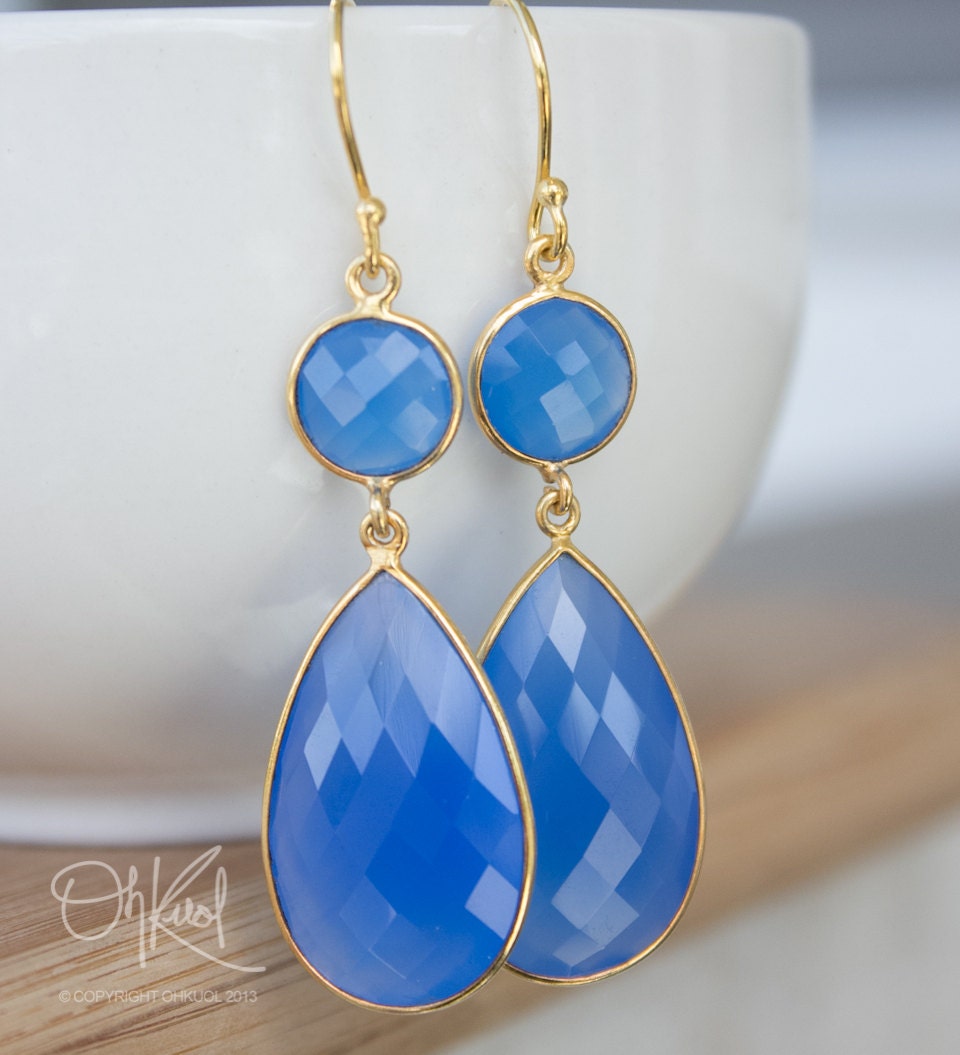 Gold Sky Blue Chalcedony Earrings - Gemstone Earrings - Teardrops