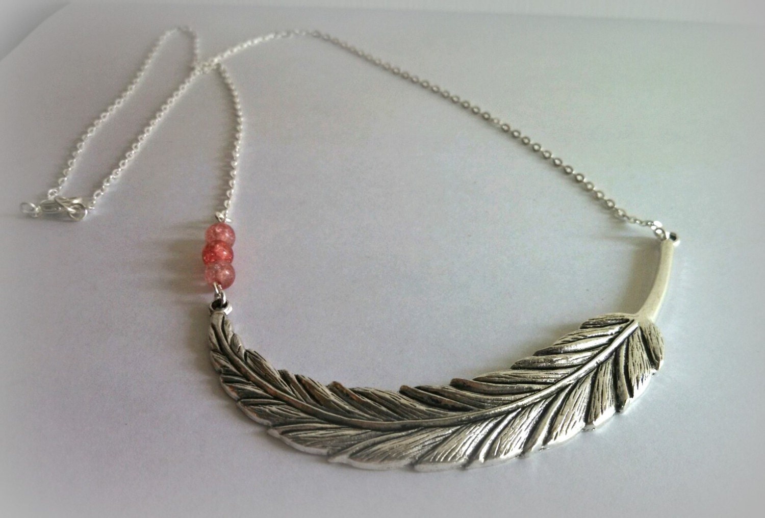 Bird Feather Charm Necklace - Red accents, silver, pendant,