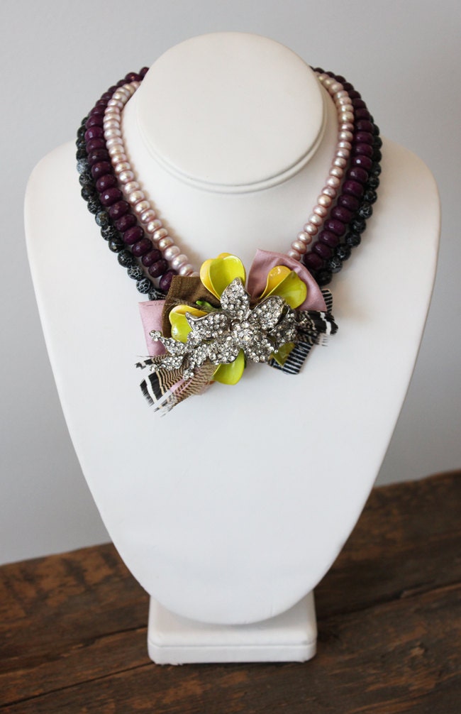 Lucy in the sky Statement Bib Necklace with rhinestones, semi-precious stones and freshwater pearls