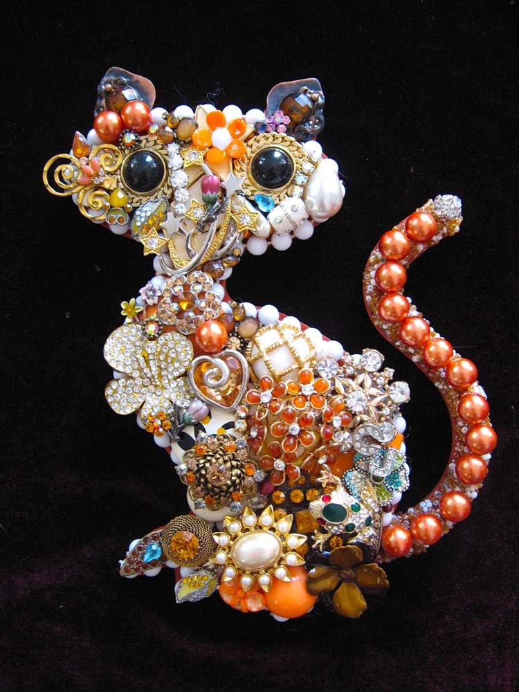 Vintage Jewelry Collage Sculpture Tabby Cat Decorative Art