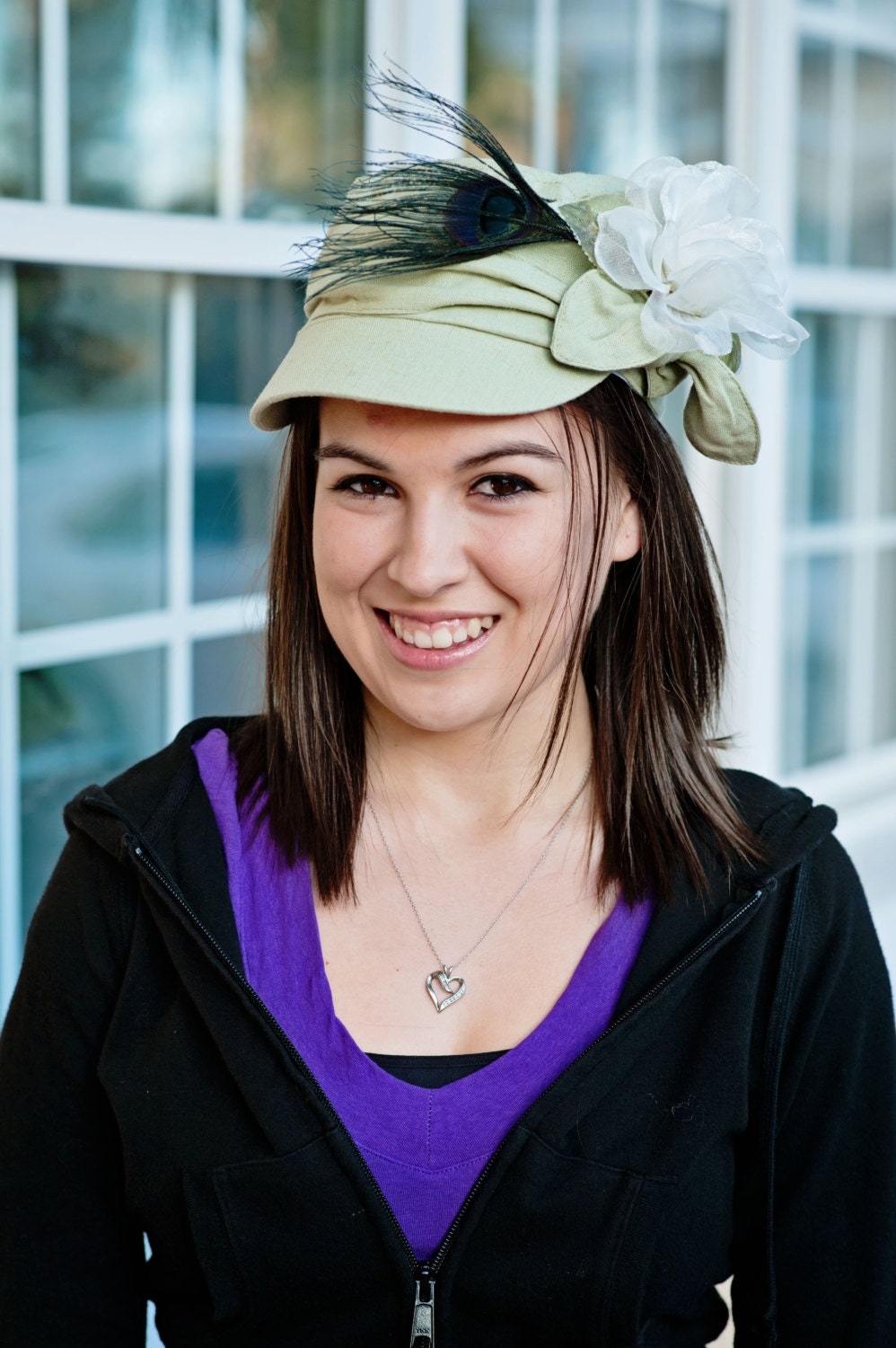 light green linen cadet hat-ivory organza flower-peacock feather-runway fabulous 2013