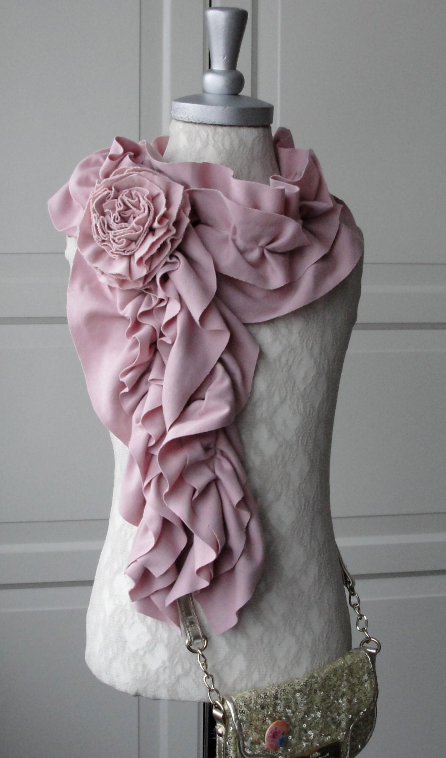 SS13 - Mini RUFFLE scarf with rose brooch by FAIRYTALE13 - Soft dusky pink.