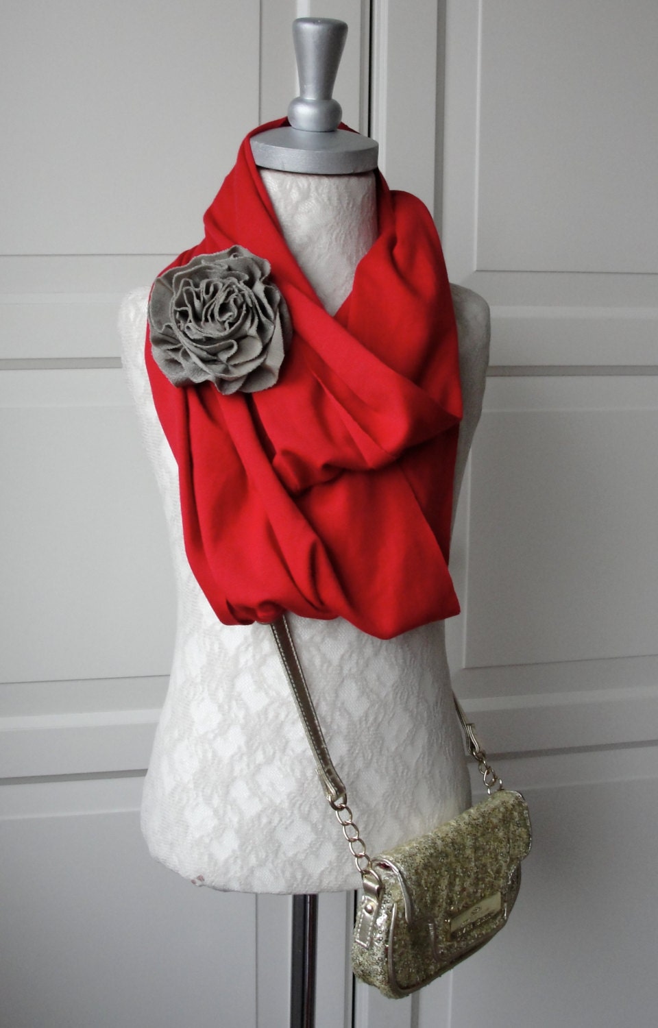 SS13 -  Mini SNOOD scarf with detachable Faded Gold Rose brooch pin by Fairytale13  - handmade in the Uk.