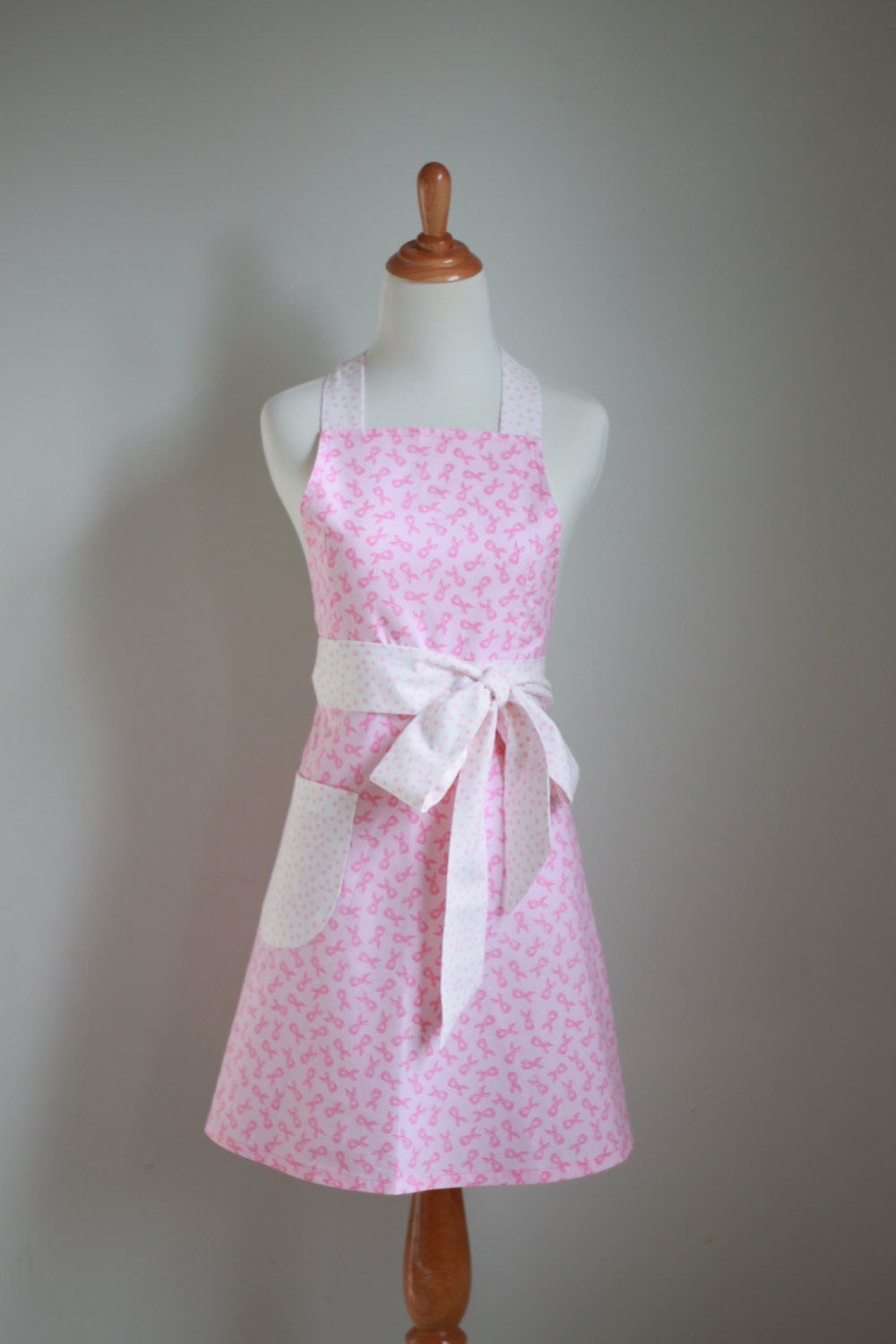Ready to Ship - Women's Full Apron with Sweetheart Neckline - Pink Breast Cancer Ribbons