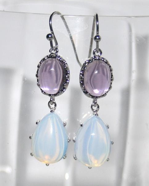 Bridal Purple Opal glass Pear Teardrop and Silver Earrings, Wedding Statement Jewelry, Purple and White Opal Earrings, October Birthstone