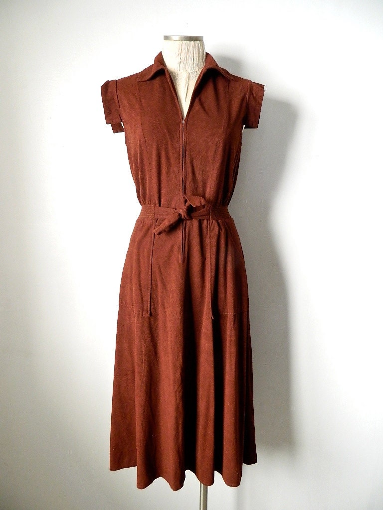 Vintage 1970's Midi Dress Short Sleeve Tie Waist Fit Flare