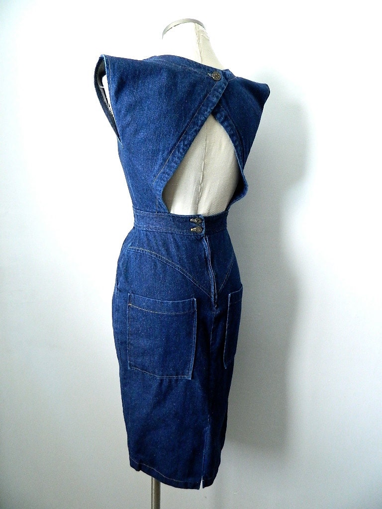 Vintage Cut Out Denim Wiggle Pencil Dress Short Sleeve Midi Length Fitted Stretch 1970s