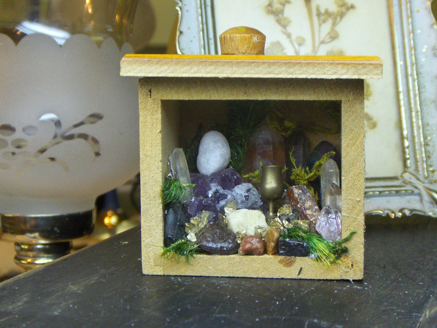 ROCK GARDEN: Tabernacle for a Faery. Mini Antique wood box curio Geology Collection. Amethyst Tourmaline Onyx Bloodstone Quartz Pyrite Moss