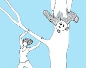 panda bear and a girl on the tree