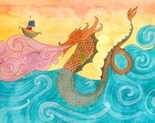 Original Illustration Watercolor and Ink on Paper - Water Dragon