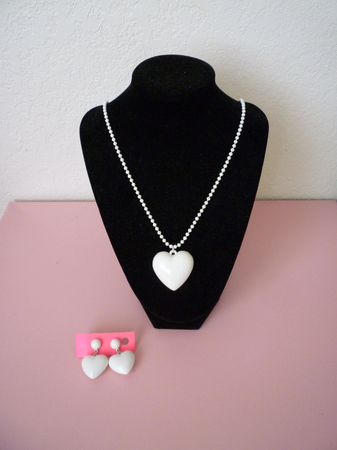Vintage Large White 80's Heart Necklace & Matching Earrings